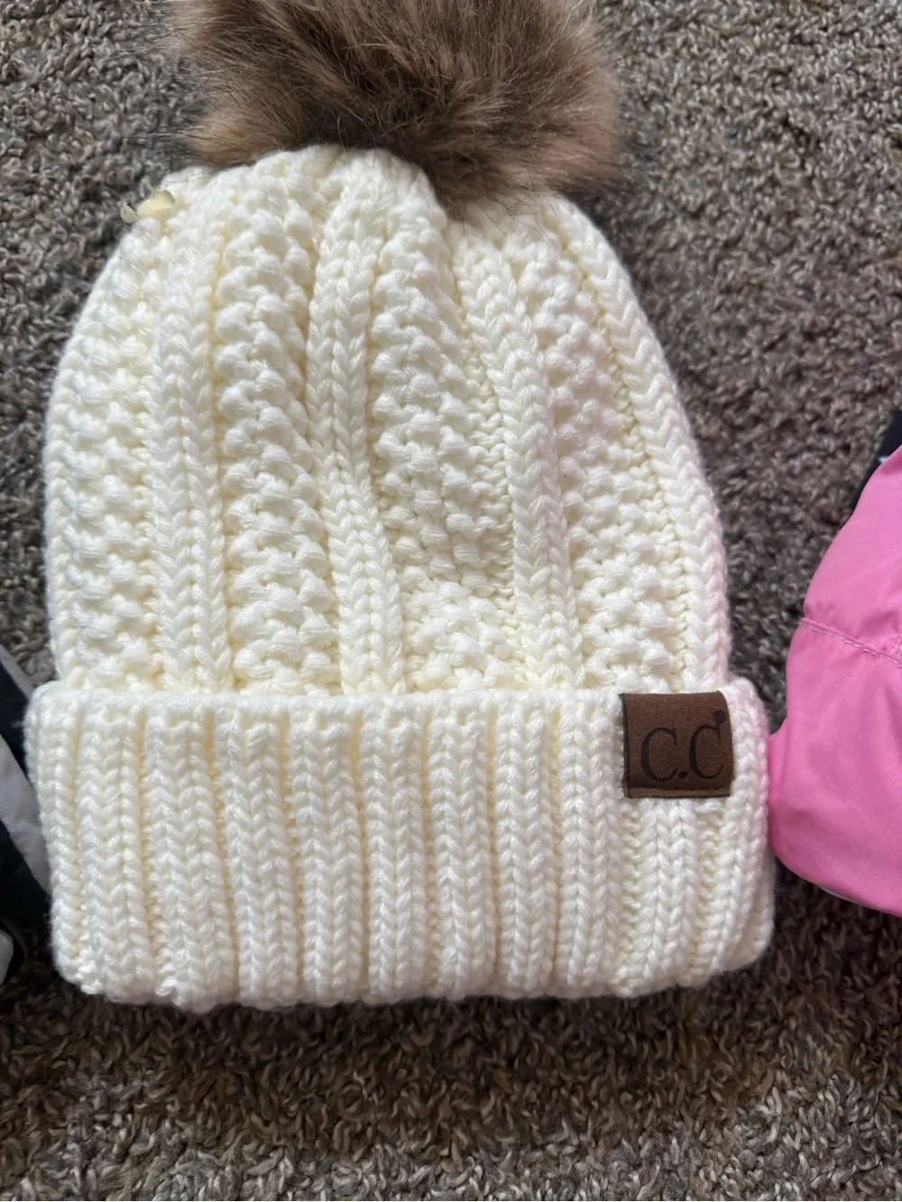 C.C Kids Cream Knit Pom Pom Beanie Hat